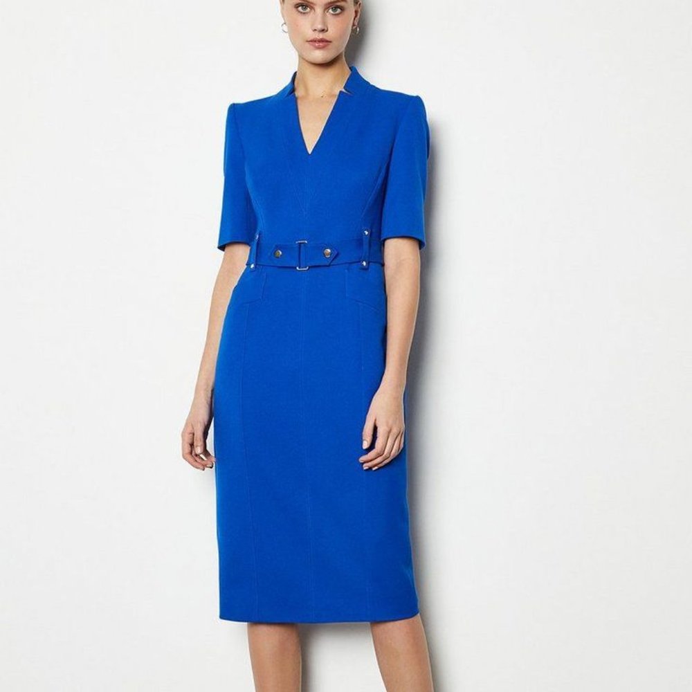 Karen Millen Cobalt Royal Blue Forever cinch waist midi pencil dress size 10